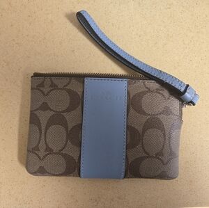 Coach Brown Signature Leather Wristlet with Light Blue Leather Accent